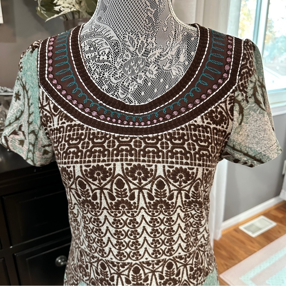 Papillon Boho Paisley Knit Brown Teal Floral Sweater Dress Eclectic Grandpa M - Picture 3 of 16